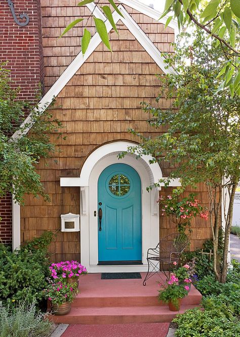 front-exterior-round-top-door-81944ed2 Aqua Front Doors, Coastal Blue Paint, Vintage Homestead, Wm Logo, Wreath Painting, Teal Front Doors, Front Door Inspiration, Turquoise Door, Turquoise Front Door