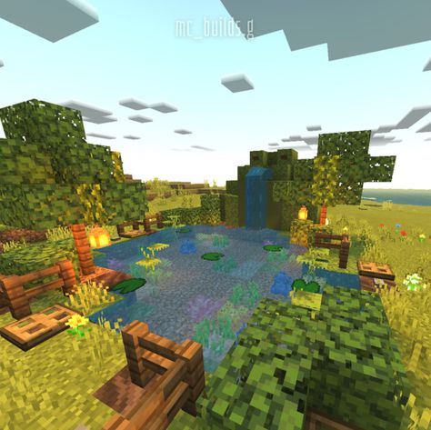 Minecraft Frog Habitat Ideas, Minecraft Frog Pond Ideas, Frog Pen Minecraft, Cherry Mc House, Mc World Ideas, Frog Habitat Minecraft, Frog Terrarium Minecraft, Minecraft Frog Pond, Frog Enclosure Minecraft