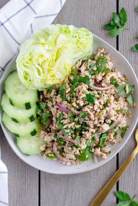 A Simple and Fresh Thai Salad made with ground chicken, toasted rice powder, and fresh herbs. #larb #thairecipes Thai Larb Salad, Thai Chicken Larb, Larb Gai Thai Chicken, Ground Chicken Salad, Thai Ground Chicken, Spicy Chicken Salad, Larb Salad, Thai Larb, Larb Gai