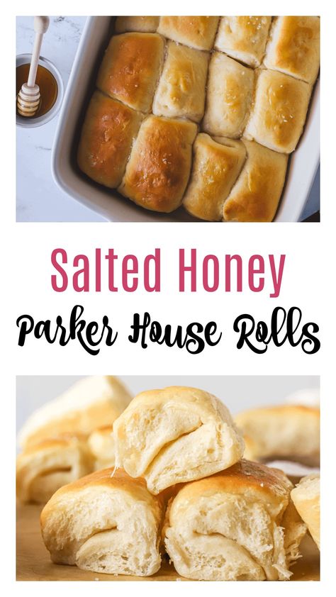 These salted honey Parker House rolls are perfect for Thanksgiving. This classic Parker House roll recipe gets a little bit of a twist when it's made with salted butter, honey and a honey butter is slathered over the top. These are so soft, and the best dinner rolls ever. Parker House Rolls Half Baked Harvest, Honey Butter Yeast Rolls, Honey Parker House Rolls, Salted Honey Rolls, Sweet Honey Bread Recipe, Parker House Dinner Rolls, Salted Honey Butter Parker House Rolls, Salted Honey Parker House Rolls, Honey Butter Parker House Rolls