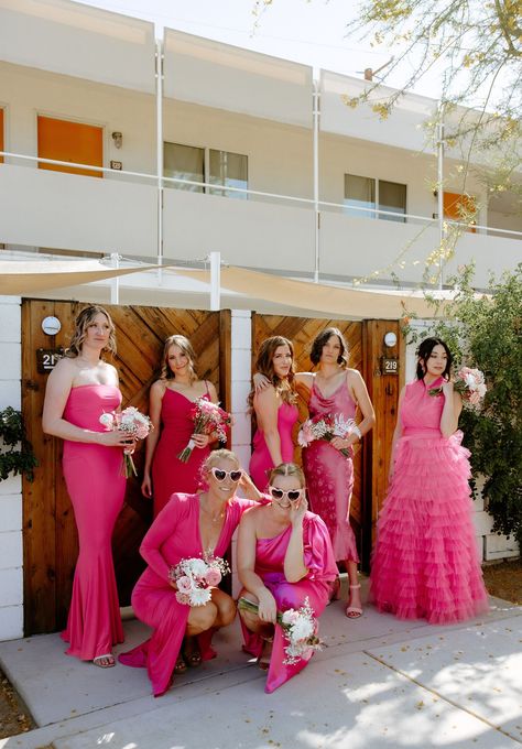 Hot Pink Bridesmaid Dresses Mismatched, Fushia Bridesmaid Dress, Different Bridesmaid Dresses Pink, Barbie Pink Bridesmaid Dresses, Deep Pink Bridesmaid Dresses, Barbie Core Wedding, Pink And Orange Bridesmaid Dresses, Pink Bridal Party Dresses, Hot Pink Wedding Theme