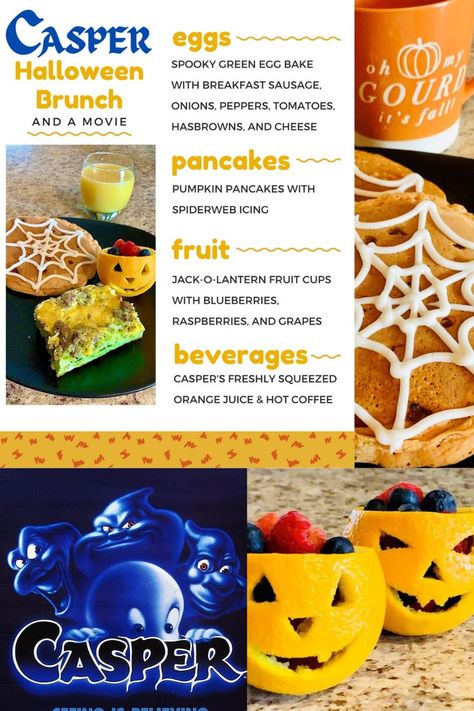 Halloween Brunch Menu Ideas, Casper Themed Dinner, Fall Movie Themed Dinner Ideas, Casper Food Ideas, Horror Movie Themed Dinner Ideas, Halloween Movie And Dinner Theme, Casper Dinner And A Movie, Halloween Themed Dinner And Movie, Casper Themed Movie Night