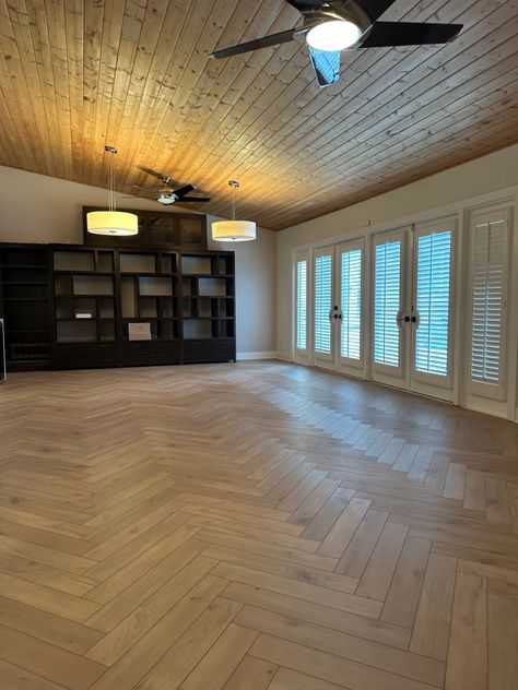 Cedar ceiling & luxury vinyl herringone floor Parquet Ceiling, Cedar Ceiling, Herringbone Wooden Floors, Yoga Shala, Tongue And Groove Ceiling, Wooden Ceiling, Wood Ceiling, Herringbone Floor, Wooden Ceilings