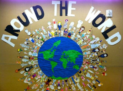 Around the World Bulletin Board Around The World Bulletin Board, World Bulletin Board, Meri Cherry, Cultures Of The World, Around The World Theme, Harmony Day, Library Bulletin Boards, Teacher Craft, Ra Ideas