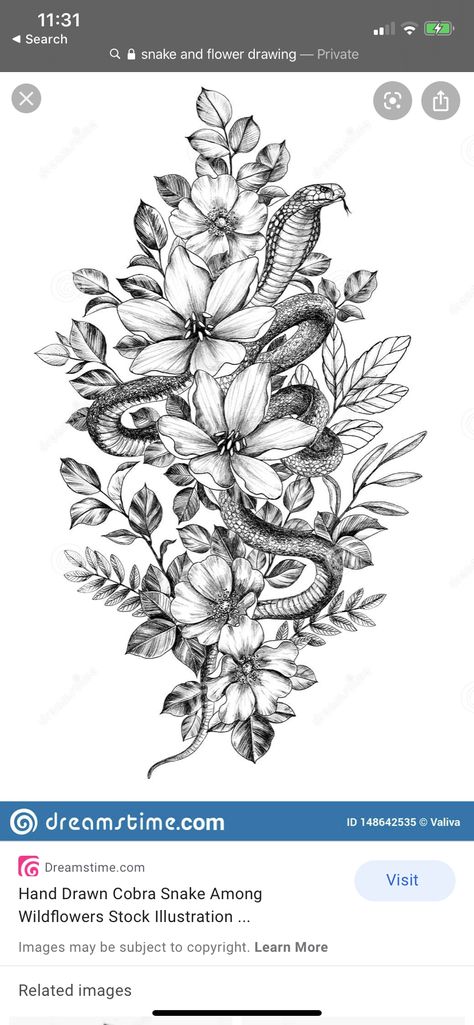 Snake And Flower Tattoo, Tattoo Bein Frau, Snake And Flowers Tattoo, Hur Man Ritar Blommor, Snake And Flowers, Calf Tattoos For Women, Flower Leg Tattoos, Cobra Tattoo, Flower Thigh Tattoos