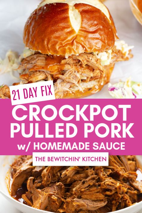 Need an easy comfort food recipe? Try this 21 Day Fix Slow Cooked Pulled Pork made with homemade slaw and a spicy bbq sauce. I have included container counts for Ultimate Portion Fix for those following the Beachbody programs. #ultimateportionfixrecipes #21dayfixrecipes Ultimate Portion Fix Recipes, Pulled Pork Sauce Recipe, 21 Day Fix Crockpot, Spicy Bbq Sauce, Homemade Slaw, Slow Cooked Pulled Pork, Fixate Recipes, Beachbody Programs, Pork Bbq