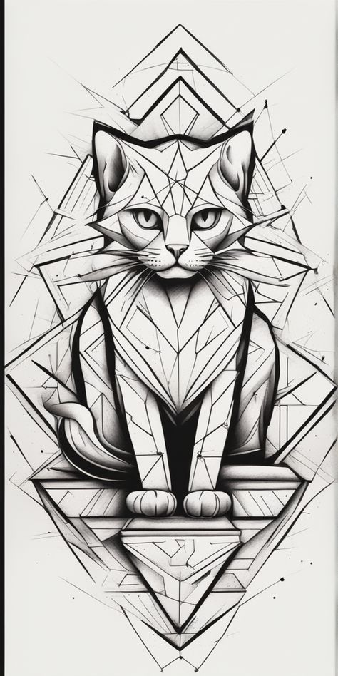 This is an image of a black and white cat tattoo, crafted in a distinctive geometric style. The design stands out vividly against the stark simplicity of the blank canvas, exuding a sense of minimalistic elegance. Geometric Cat Drawing, Black And White Cat Tattoo, White Cat Tattoo, Cat Tattoo Design, Geometric Cat, Cat Tattoo Designs, Black And White Cat, Cat Tattoo, Blank Canvas