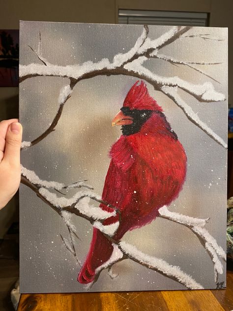 Cardinal Paintings On Canvas, Cardinal Painting Acrylic, Winter Cardinal Painting, Cardinal Canvas Painting, Red Cardinal Painting Acrylic, Cardinal Winter Painting, Cardinal Birds Art, Cardinal Painting, Painted Christmas Ornaments