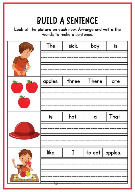 Look at the picture on each row. Arrange and write the words to make a sentence. Jumbled Sentences Worksheets, Teaching Complete Sentences, Vowel Activity, Grade 4 Worksheets, First Grade Writing Prompts, English Sentence Structure, Sentence Building Worksheets, Sentences Kindergarten, Reading Sentences