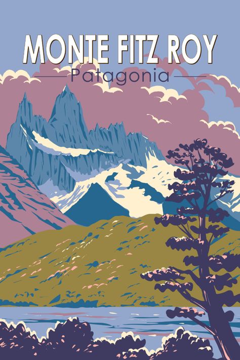 Vintage-style poster of Monte Fitz Roy in Patagonia, capturing its breathtaking beauty. Elevate your decor with this iconic travel art! 🏔️🎨 Landmarks Of The World, Patagonia Travel, Patagonia Retro, Vintage Postcards Travel, Patagonia Argentina, On The Border, Travel Decor, World Art, Vintage Postcard