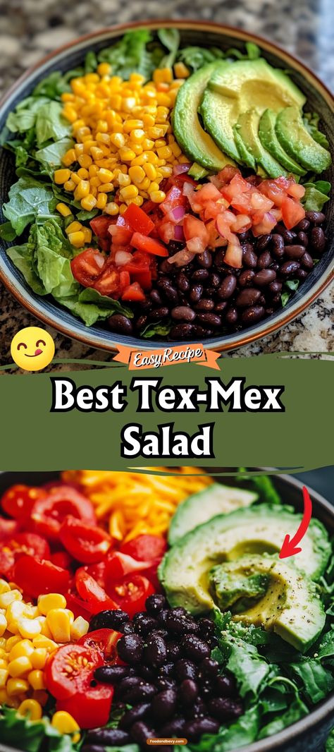 Indulge in the bold flavors of a Tex-Mex Salad, a hearty combination of black beans, corn, avocado, and tomatoes, dressed with a zesty lime vinaigrette and topped with crunchy tortilla strips. This salad is as colorful as it is delicious, making it a perfect meal for those who love a little spice. #TexMexSalad #HealthyEats #SpicySalad Midwestern Taco Salad, Tex Mex Chopped Salad, Tex Mex Christmas Dinner, Tex Mex Salad Recipes, Taco Salad No Meat, Tex Mex Veggies, Veggie Taco Salad, Mex Salad, Tex Mex Salad