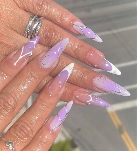 Purple Almond Gradient French Tip Inspo Nails Purple Stiletto Nails, Long Almond Nails, Purple Acrylic Nails, Chrome Nails Designs, Airbrush Nails, Purple Nail Designs, Lavender Nails, Stiletto Nails Designs, Cute Acrylic Nail Designs