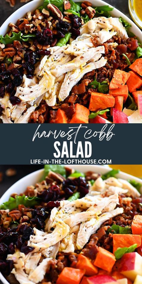 Fall Cobb Salad, Winter Cobb Salad, Harvest Cobb Salad, Turkey Cobb Salad, Turkey Pasta Salad, Strawberry Chicken Salad, Maple Vinaigrette, Cobb Salad Recipe, Shredded Turkey