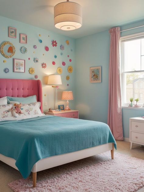 Add a touch of whimsy to your bedroom with a colorful cartoon-themed wall art. Complete the look by complementing it with a plush rug and a quirky bedside lamp for a fun and imaginative space. Teal Girls Bedroom, Cartoon Wall Art, Pink Bedroom Ideas, Bedroom Ideas Inspiration, Pink Bedrooms, Cartoon Wall, Plush Rug, Pink Bedroom, Cozy Space