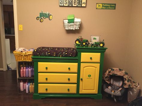 John Deer Nursery Ideas, Tractor Dresser, John Deere Nursery Baby Boy, John Deere Bedroom Ideas, John Deere Kids Room, John Deere Boys Room, Green Crib Bedding, John Deere Nursery, John Deere Bedroom