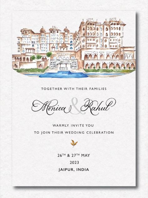 Watercolor wedding invitation with Fairmont Jaipur Jaipur Wedding Invitation, Modern Engagement Invitations, Fairmont Jaipur Wedding, Jaipur Wedding Invite, Jaipur Illustration, Wedding Collaterals, Water Color Wedding, Fairmont Jaipur, Udaipur Wedding