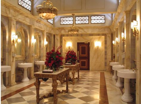 public restroom Banquet Hall Bathroom, Pretty Public Bathroom, Fancy Public Bathrooms, Luxury Public Restroom Design, Public Restroom Aesthetic, Luxury Public Bathroom, Fancy Restroom, Public Bathroom Aesthetic, Public Bathroom Ideas