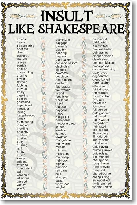 Master the art of insults like Shakespeare with this hilarious poster! Perfect for writers looking to expand their vocabulary and writing inspiration. #InsultLikeShakespeare #WritingSkills Insult Like Shakespeare, Shakespeare Insult Generator, Shakespeare Insult, Dark Academia Writing, Funny Replies, Essay Writing Examples, Intelligent Words, College Essay Examples, Teaching Shakespeare