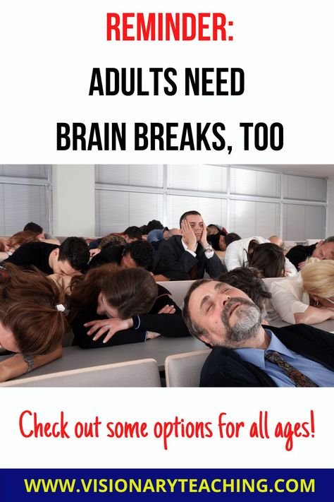 Brain Breaks are far more versatile than dance videos for young children. Your adult learners need brain breaks, too. Try one or more of these brain breaks in your next training or professional development to keep your audience energized and engaged. Find more great ideas and resources at www.visionaryteaching.com! Brain Breaks For Adults, Professional Development Activities, Professional Development For Teachers, Fun Brain, Executive Functioning, Brain Breaks, Brain Development, Ice Breakers, Teaching Strategies