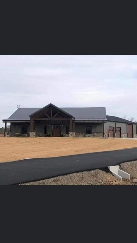 Dark Metal Barndominium, One Level Shop House, 40x60 Barndominium Exterior, Dark Exterior Barndominium Ideas, Burnished Slate Metal Building With Black Trim, Outside Of Barndominium, Burnished Slate Barndominium, Grey And Black Barndominium Exterior, Black Metal Building Homes