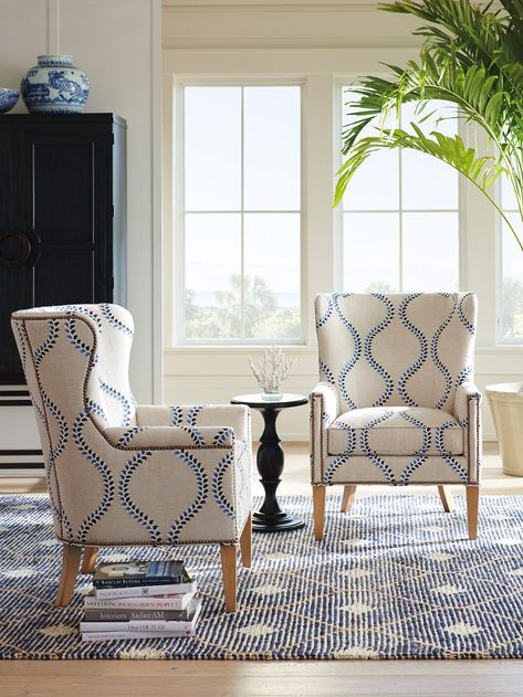 Art Deco Chairs Armchairs, Wing Chair Upholstery, King Sofa, Blue And White Interior, Senior Living Design, Art Deco Chairs, Fabric For Chairs, Wing Back Chairs, Blue Chairs