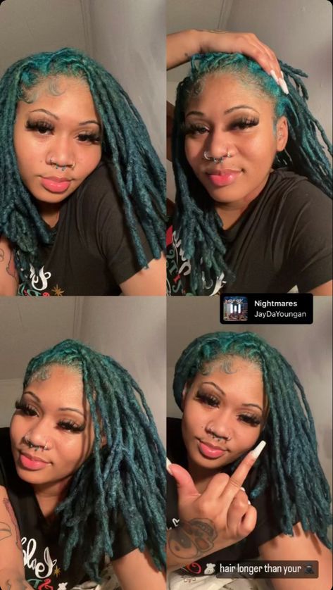 Teal Locs Black Women, Green Soft Locs, Dyed Dreadlocks Black Women, Dark Green Locs, Blue Locs Black Women, Teal Locs, Skunk Stripe Locs, Dyed Microlocs, Colored Microlocs