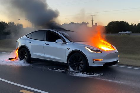 Model Y Burst Into Flames On Side Of The Road: Tesla Told Owner To Bring 'Fully Burned' Vehicle To Service Center - Tesla (NASDAQ:TSLA) - Benzinga Burning Car, Tesla At Night, Car Exhaust Fire, Cybertruck Tesla Wallpaper, Tesla Car Price, Tesla Owner, Tesla Powerwall 2.0, Tesla Car, Flat Tire