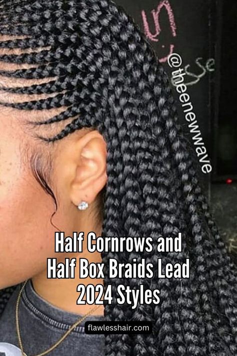 Half Cornrows And Box Braids Cornrows And Box Braids, Half Box Braids, Half Cornrows, Cornrows With Box Braids, Box Braids Bob, Side Cornrows, Scalp Braids, Super Short Haircuts, Side Braid Hairstyles