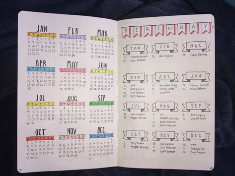 Bujo Birthdays Page, Yearly Journal Layout, Birthday Bujo Page, Bullet Journal Year Calendar, Bujo Birthday Tracker, Bujo Birthday Spread, Birthday Bujo, Bullet Journal Birthday Page, Birthday Journal Ideas