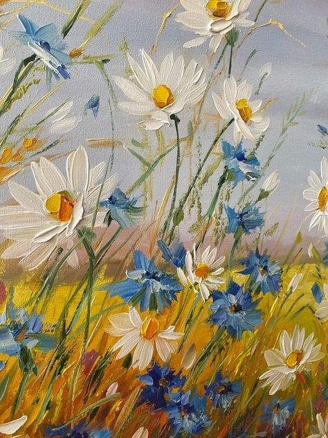 Oil Paint Ideas Easy, Painted Flower Garden, Flower Meadow Painting Acrylic, Field Flowers Painting, Abstract Meadow Painting, Painting With Oil Colors, Art Prints For Walls Aesthetic, Big Floral Paintings, Painting Ideas On A Canvas