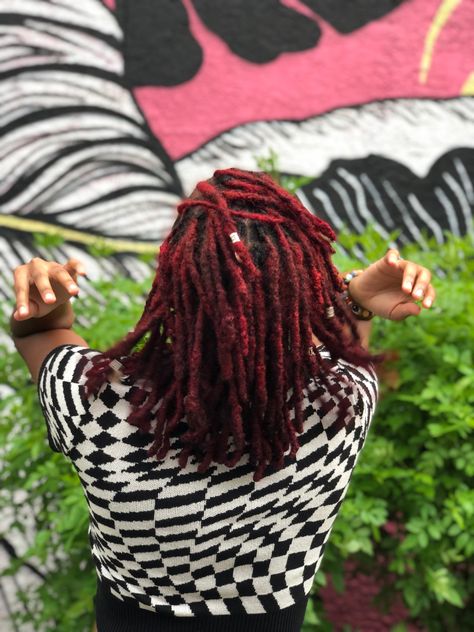 Loc journey | locs dyed red| medium size locs Burgundy Starter Locs, Burgundy Distressed Locs, Medium Size Locs, Maroon Dreadlocks Black Women, Crimson Red Locs, Locs Dyed, Burgundy Locs, Ruby Red Locs, Red Locs