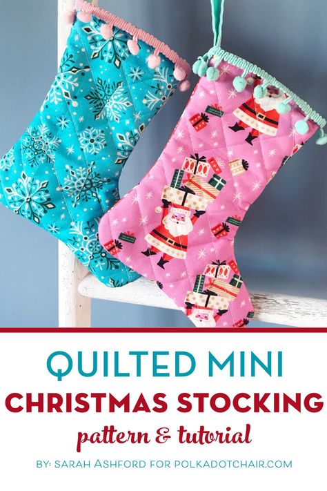 How to make a Quilted Mini Christmas stocking, a free Christmas stocking tutorial and pattern. #christmas #sewing #quilting Mini Christmas Stocking Pattern, Christmas Stockings Ideas, Christmas Stocking Tutorial, Christmas Stockings Sewing, Stocking Tutorial, Christmas Table Runner Pattern, Burlap Christmas Stockings, Mini Christmas Stockings, Quilted Christmas Stockings