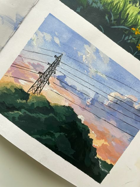 Ghibli Aesthetic Watercolor, Easy Studio Ghibli Scenes To Paint, Guache Painting Studio Ghibli, Gouache Aesthetic Painting, Painting Watercolor Landscape, Ghibli Inspired Painting, Painting Ghibli Scenes, Nature Watercolour Painting, Anime Landscape Painting