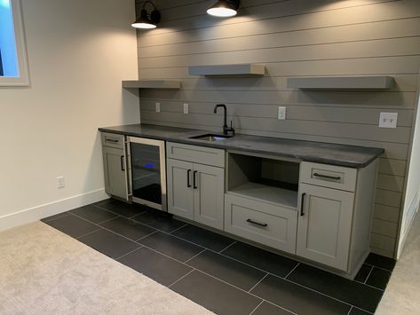 Basement Wet Bar Backsplash, Basement Wet Bar Flooring, Kitchen Bar Accent Wall, Shiplap Bar Ideas, Small Wet Bar Ideas Basement, Bar Against Wall Basement, Simple Wet Bar, Shiplap Bar Wall, Basement Wet Bar Ideas Small Spaces