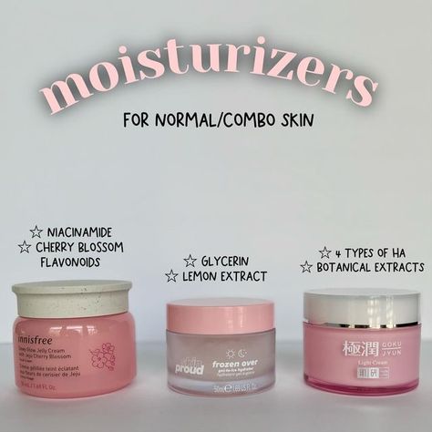 Elizabeth | skincare & k-beauty on Instagram: "MOISTURIZERS FOR NORMAL/COMBO SKIN (of course other skin types can use these, this is just a guide to help specific skin types) The 3 moisturizers I’m sharing today are: ▫️Suitable for spring/summer season ▫️Hydrating without feeling like a thick layer on the skin ▫️Wears well under makeup application ▫️OK for night routine (unless you prefer something denser at night) ___________________________________ @innisfreeusa Dewy Glow Jelly Cream — my go Good Moisturizer For Combination Skin, Best Moisturizer For Normal Skin, Night Moisturizer For Combination Skin, Skincare For Normal Skin Type, Combo Skin Moisturizer, K Beauty Moisturizer, Korean Skincare For Combo Skin, Moisturizer For Combo Skin, Combo Skin Care Routine