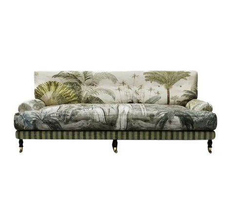 Dual Sofas In Living Room, Vintage Sofa Living Room, Neoclassical Sofa, Unique Sofa Design, Printed Fabric Sofa, Anthropologie Sofa, Painted Antique Furniture, Exotic Aesthetic, Luxurious Sofas