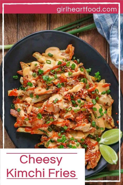 Cheesy fries and kimchi makes for one delicious combination! There are yummy ingredients like crispy baked fries, homemade cheese sauce, kimchi, and green onion. Serve some of the cheesy sauce over top and more alongside for dipping. These cheesy kimchi fries are simply irresistible! #kimchifries #cheesyfries #cheesykimchifries #cheeseandkimchifries #loadedfries #recipeusingkimchi Kimchi Fries, Fries Homemade, Kimchi Recipes, Fries Cheese, Cheesy Fries, Potato Wedges Recipe, Crispy Fries, Comforting Dinner, Homemade Cheese Sauce