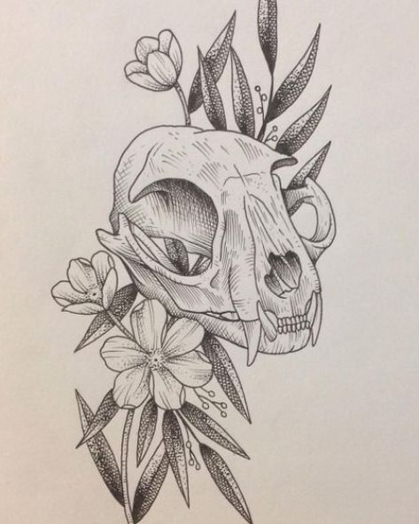 Cat Skull With Flowers Tattoo, Cat Skull And Flowers Tattoo, Cat Skull Outline, Cat Skull Sketch, Animal Skulls Drawing, Animal Skull And Flowers, Cat Skull With Flowers, Cat Skull Illustration, Cat Skull Tattoo Design