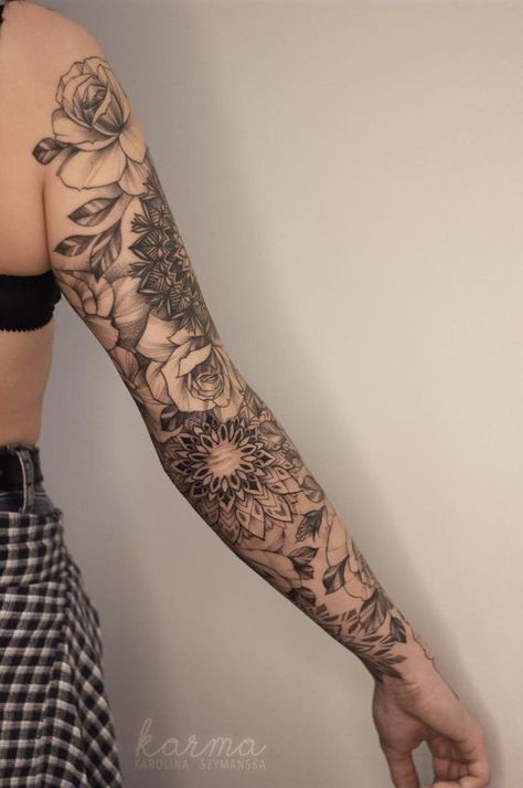 40+ Unique and Aesthetic Sleeve Tattoo for Women  #enchantedtattoo #tattooideas #tattoodesigns #tattoos #realism #artbody #femalesleevetattoo #coupl tattoo. Check my BIO for more info Wild Flower Mandala Tattoo, Aesthetic Sleeve Tattoo, Black And White Sleeve Tattoo Women, Women Tattoo Sleeve Ideas Unique, Arm Crease Tattoo, Boho Sleeve Tattoo, Mandala Arm Tattoos, Rose Tattoos For Women, Girls With Sleeve Tattoos