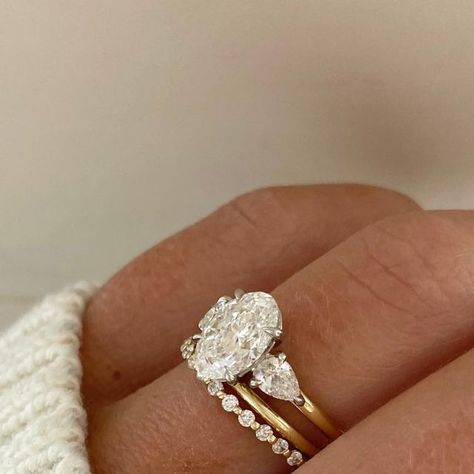 Engagement Right With Wedding Band, Three Stone Engagement Ring And Wedding Band, Three Stack Wedding Ring, Stackable Oval Wedding Rings, Engagement Rings With Diamond Band, 3 Stone Oval Ring, Oval Engagement Ring Stack, Wedding Stack, Dream Wedding Ring