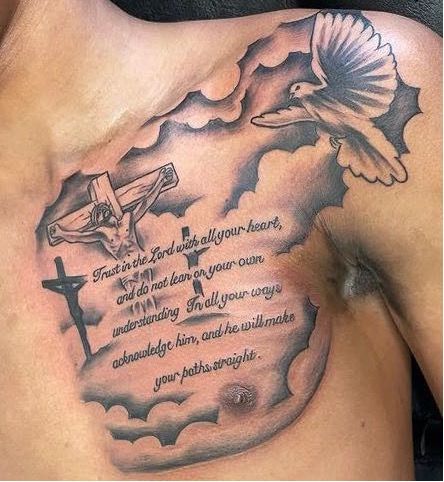 Tattoo Ideas For Men Chest Quotes, Rip Mom Tattoo For Men Chest, One Chest Tattoo Men, 3 Crosses On A Hill Tattoo Design, Chest Verse Tattoo, Men’s Half Chest Tattoos, Chest Tattoo Men Ideas Cross, Cursive Chest Tattoo Men, Chest Tattoo Men Ideas Christian