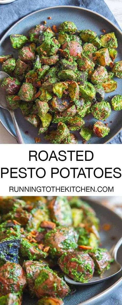 Roasted Pesto Potatoes, Pesto Potatoes Roasted, Yankee Recipes, Easy Roasted Potatoes, Pesto Potatoes, Food Potatoes, Pea Pesto, Potato Side Dish, Potatoes Roasted