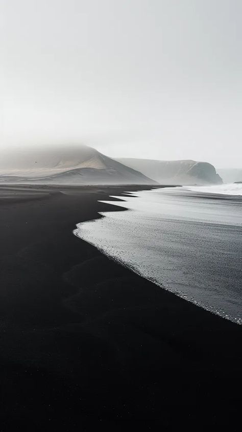 Midjourney AI Image: black sand, minimalistic, desert, landscape, photo --ar 9:16 --v 6.0 → more in ai-img-gen.com Sacred Flower, Black Sand Beach, Desert Landscape, Single Line, Beach Scene, The Fog, Shades Of Gray, Black Sand, Rolling Hills