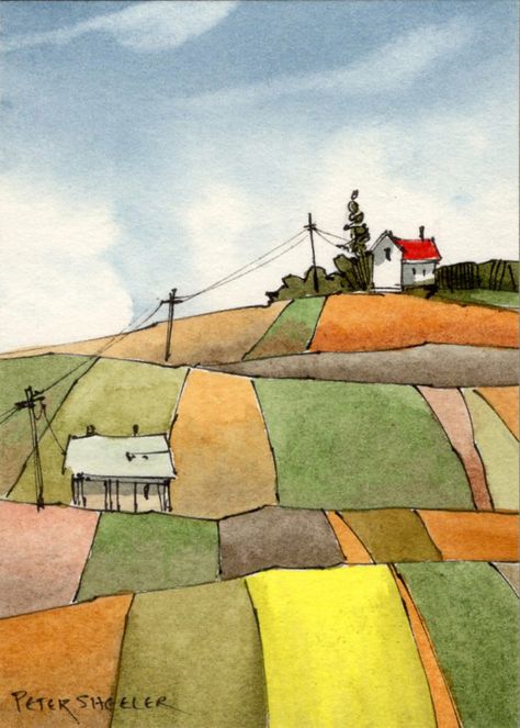 Line And Wash Watercolor Sketches, Peter Sheeler, Watercolor Paintings For Sale, Yellow Field, Watercolor House Painting, Watercolor Art Landscape, Canvas For Beginners, Paint Inspiration, Dorm Art