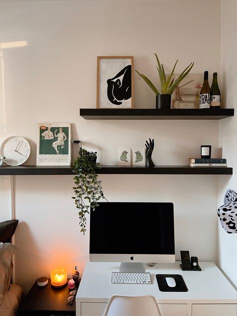 White Desk Black Shelves, Black And White Room Green Accents, Desks For Small Space, Black Shelves Office, Black And White Shelf Styling, Black White Green Gold Bedroom, Small Office Styling, Green Black Home Decor, Black Desk Decor Ideas Aesthetic