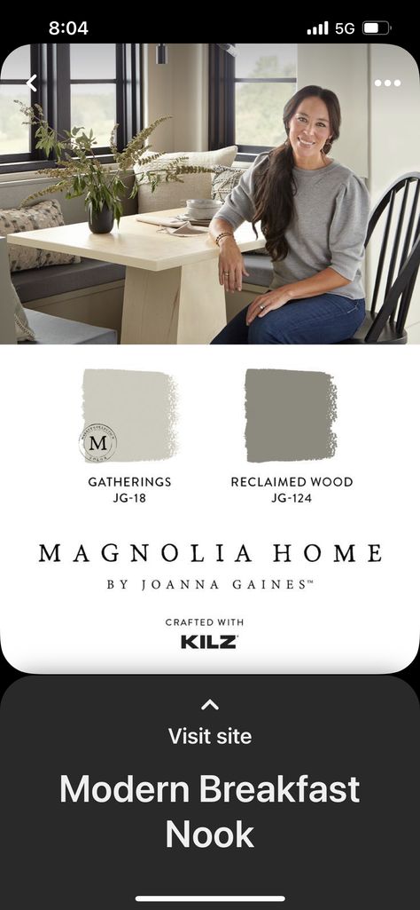 Magnolia Home Paint Colors, Modern Breakfast Nook, Magnolia Homes Paint, Comfy Decor, Magnolia Paint, Bedroom Paint Colors, Magnolia Homes, Breakfast Nook, Reclaimed Wood