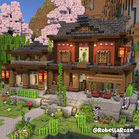 Minecraft House Garden Ideas, Pink Japanese House Minecraft, Minecraft Waffle House, Functional Minecraft Builds, Mountain Minecraft Builds, Shop Minecraft Build, Japanese City Minecraft, Japanese Style House Minecraft, Furnace Room Ideas Minecraft