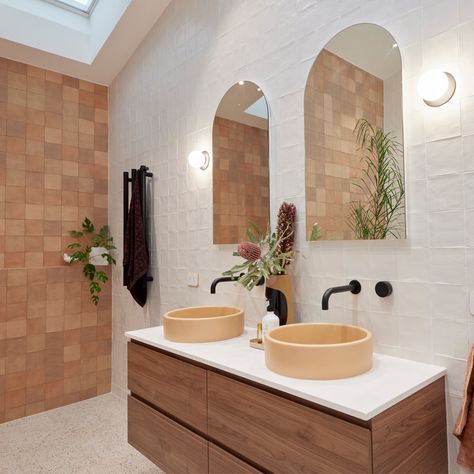 Terracotta Bathroom, Bowl Basin, Concrete Basin, Recessed Wall, Feature Tiles, Bathroom Basin, Bathroom Renos, Guest Bathroom, Bathroom Styling