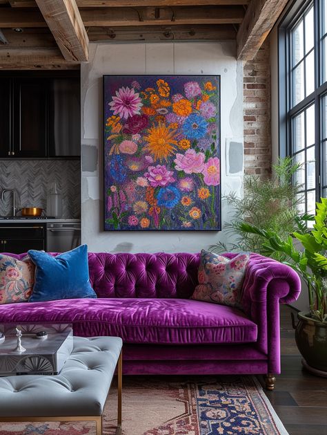 Interior design purple couch and floral painting , orange blue purple Orange And Purple Room, Purple Orange Living Room, Purple And Orange Living Room, Orange Green Purple Interior Design, Interior Design Purple, Purple Maximalist Living Room, Maximalist Bedroom Purple, Triad Color Scheme, Purple Couch