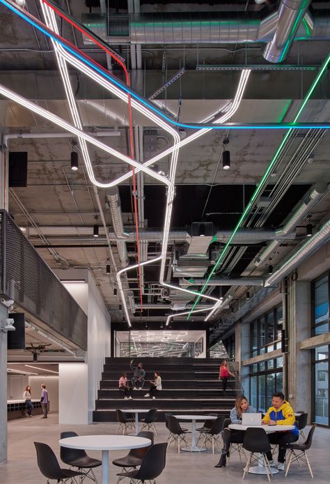 TikTok Offices - Los Angeles - Office Snapshots Biophilic Office, Dance App, Bleacher Seating, Cafe Display, Private Workspace, Tiered Seating, Tea Lounge, Colorful Murals, Industrial Architecture